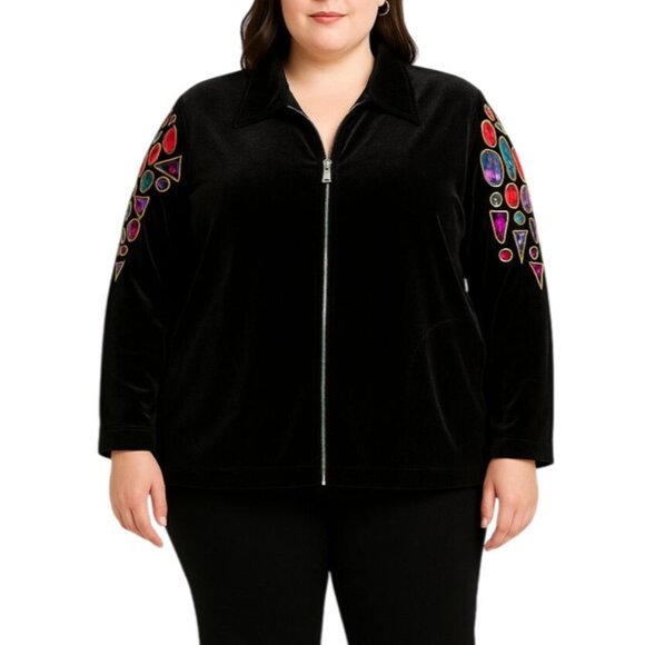 Vintage Bob Mackie Wearable Art XL Velour Jacket Zip Embroidered Gemstone Design - Picture 1 of 10